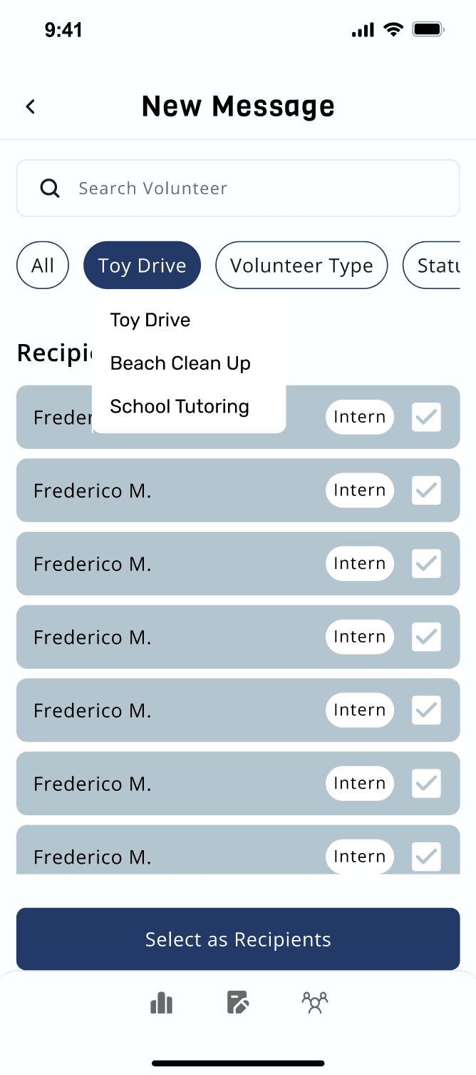 Select Recipients screen before iteration